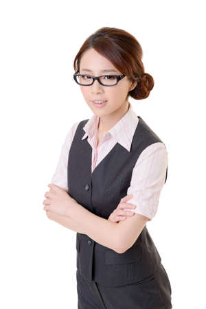 Attractive young business woman of Asian, closeup portrait on white background の写真素材