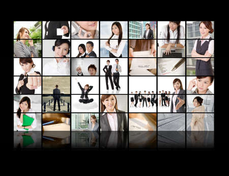 TV screen wall showing pictures of business concept by Asian business people.