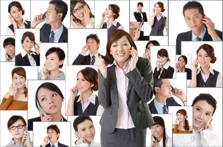 Business network, Asian business people use mobile phone to communicate to each other on white background.の写真素材