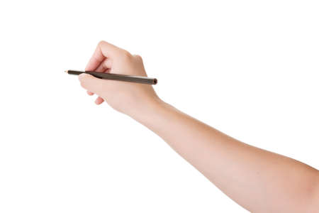 Closeup hand holding pencil, isolated on white.の写真素材
