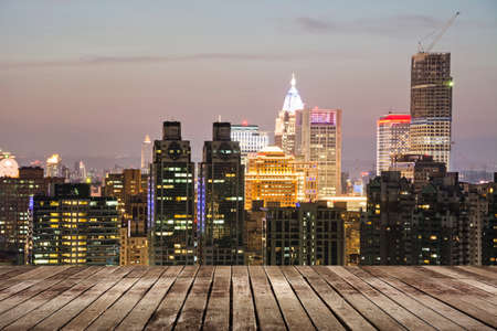 City night scene with wooden ground, Taipei, Taiwan.