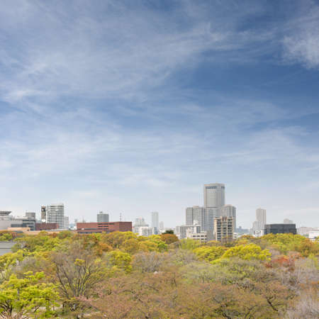 Osaka city skyline with forest and modern buildings, Osaka, Japan, Asia.の写真素材