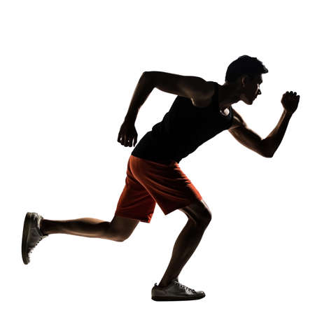 Silhouette of young Asian athlete running, full length portrait isolated on white 