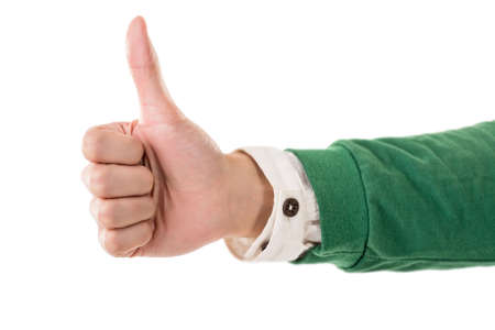 Thumb up gesture on white background.