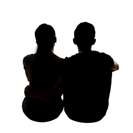 Silhouette of young Asian couple, full length portrait isolated on white background.の写真素材