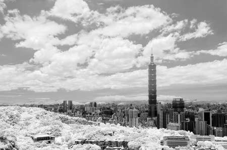 TAIPEI, TAIWAN - JUNE 24 2013. Famous landmark, the 101 skyscraper in infrared photography style, Taipei, Taiwan, Asia. June 24 2013.のeditorial素材
