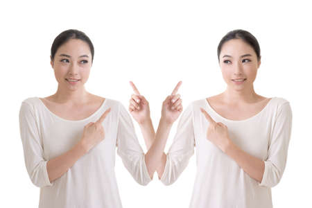 Woman pointing pose, photoshop retouch before and after.