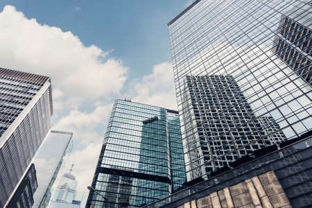 Hong Kong street scenery with high buildings under sky, Asia.のeditorial素材