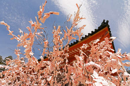 KYOTO, JAPAN - APRIL 19th : Pink paper pray for good luck tied on a dry twig in Heian Jingu Shrine, Kyoto,  Japan. on 19th April 2014.のeditorial素材
