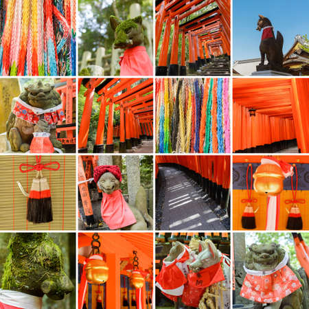 Collection of Fushimi Inari Taisha Shrine scenics, fox statue, thousands of torii, paper cranes of thousand etc.のeditorial素材