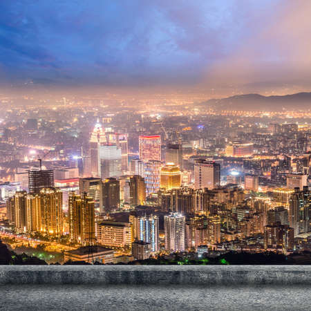 Taipei city night scenery with concrete ground and nobody.