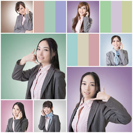 Collection of Asian business woman talk and listen, concept about connect, social media, group,...