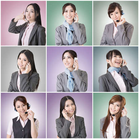 Collection of Asian business woman talk and listen, concept about connect, social media, group, speak etc.の写真素材