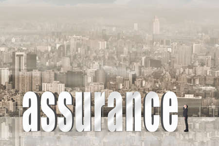 Concept of trust, belief, credit etc with 3d text under sky in the modern city and one Asian business man looking it.の写真素材