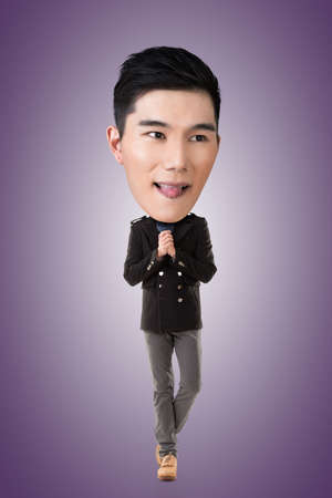 Funny Asian big head man, full length portrait.の写真素材