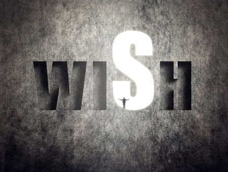 Concept of target, goal, will etc, man stand on wall with text.の写真素材