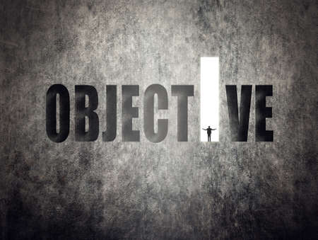 Concept of target, goal, will etc, man stand on wall with text.の写真素材