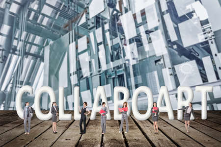 Concept of partner, friends,collaborate with group of business people stand with 3d text.
