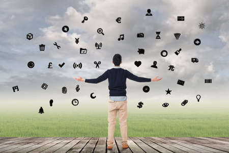 Man with signs, concept of web, internet, technology.の写真素材