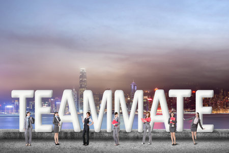 Concept of partner, friends,collaborate with group of business people stand with 3d text.