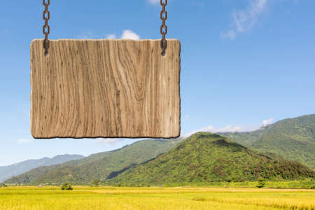 Blank wooden sign on field of paddy farm. Concept of rural, idyllic, tranquility etc.の写真素材