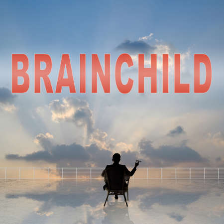 Concept of abstract concept with text on the sky and one man look at it.の写真素材