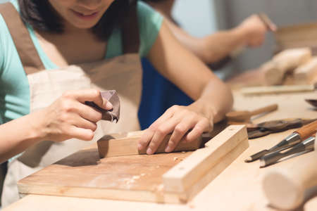 woman carpentry at home, wooden work concept