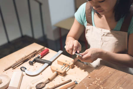 woman carpentry at home, wooden work concept