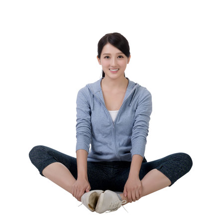 young sport girl of Asian, full length portrait on white background.