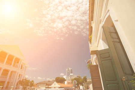 Building roof under blue sky in daytime in Penang, Malaysia, Asia.の写真素材