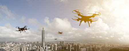 silhouette of drone flight in the city, Taipei