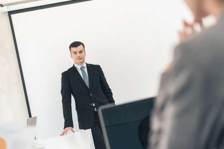asian business man introduce at the meetingの写真素材