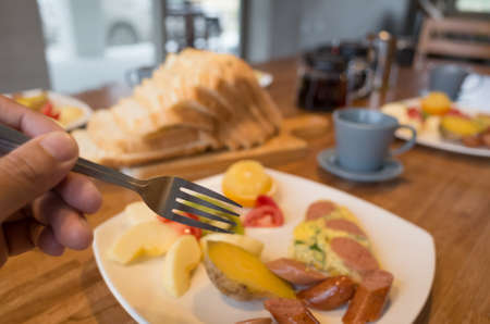 breakfast on table at morningの写真素材