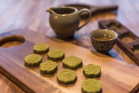 green mooncake on table at Chinese Mid Autumn Festivalの写真素材