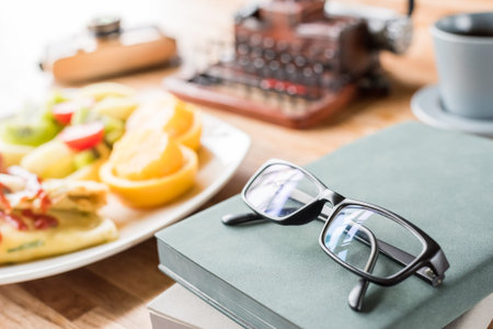 morning working with breakfast on table with nobody