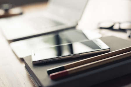 laptop on the table with nobody, concept of working at homeの写真素材