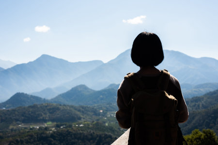 silhouette of Asian woman traveling at outdoor, Nantou, Taiwanの写真素材