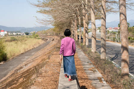 rear view of Asian woman walk under the tree in the outdoorの写真素材