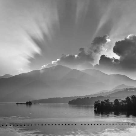 black and white landscape of Sun Moon Lake at Nantou, Taiwanの写真素材