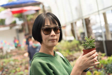 woman hold a pot of cactus at a farmの写真素材