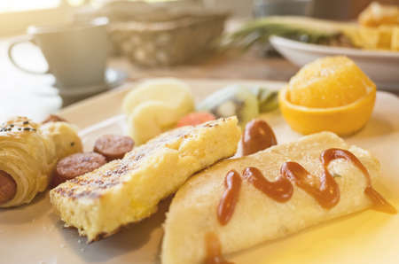 breakfast of dish on table at morningの写真素材