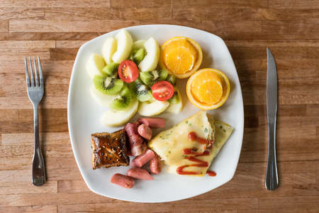 breakfast of dish on table at morning with nobodyの写真素材