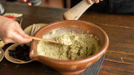 people make the famous Pounded Tea, Hakka Traditional Beverageの写真素材
