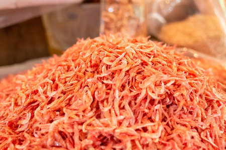 heap of dried sakura shrimp fish at the traditional market at Taiwan