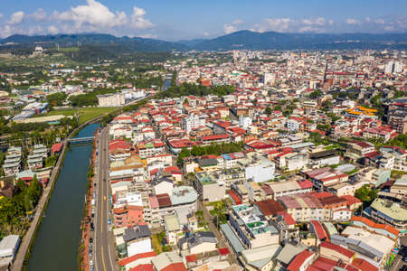 Nantou, Taiwan - September 6th, 2019: aerial view of Puli town with buildings in the daytime, Nantou, Taiwanのeditorial素材