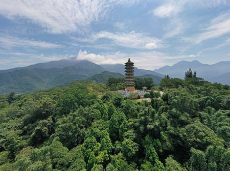 Aerial view of Ci En Pagoda at Sun Moon Lake in Nantou, Taiwanの写真素材
