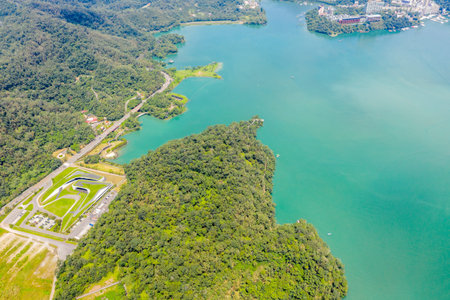 aerial landscape with famous Xiangshan Visitor Center at Sun Moon Lake, Nantou, Taiwanの写真素材