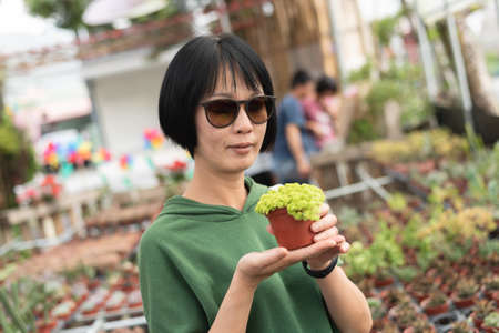 woman hold a pot of cactus at a farmの写真素材