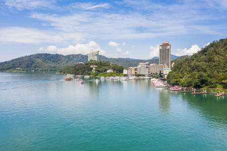 Nantou, Taiwan - September 9th, 2019: aerial view of Shuishe pier in Sun Moon Lake at Nantou, Taiwanのeditorial素材
