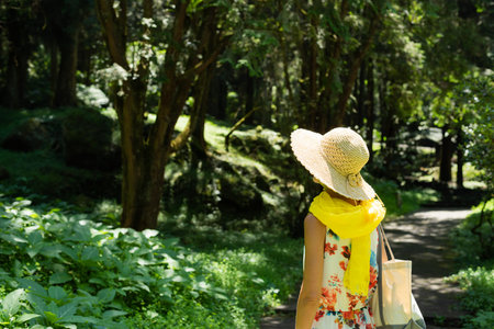traveling Asian woman hiking in the forest at Xitou, Nantou, Taiwan
